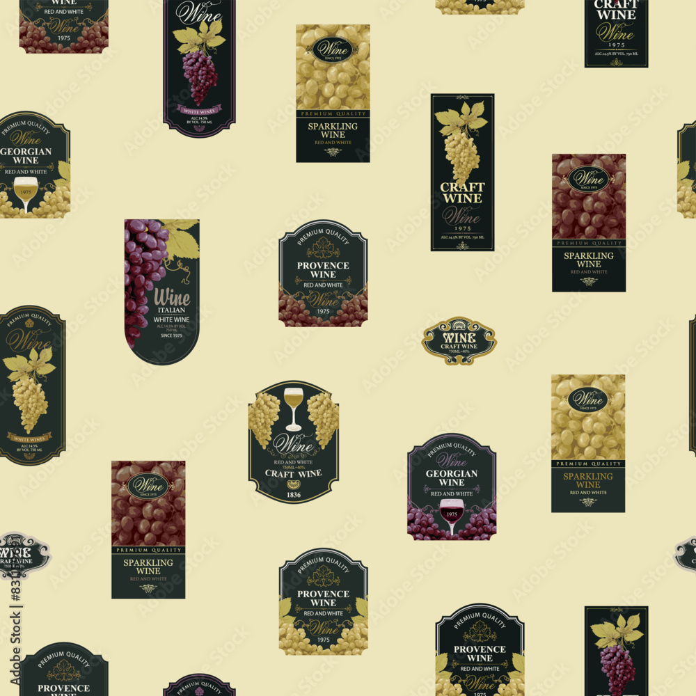Poster seamless pattern with ornate wine labels in retro style. repeating vector background on the theme of