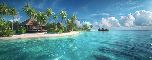 Obraz premium beautiful tropical island with white sandy beaches and palm trees, turquoise water, beach huts in the distance, blue sky, ultra realistic photography