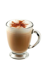 A cup of coffee with a brown foam on top. The foam is in the shape of a leaf, isolated transparent background