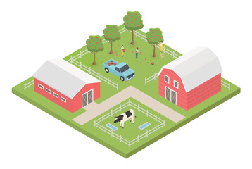 Flat 3d isometric farm. Isometric block. Land and city map constructor elements isolated on white background. Build your own infographic collection. Vector illustration.