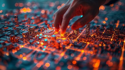 Detailed close-up of an engineer analyzing AI-driven sustainability metrics, highlighting the intersection of technology and sustainable urban planning.