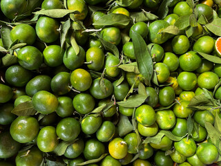 Green tangerines with leaves and twigs on a market counter in Greece. Bright background for the screensaver, tangerines top view, green tangerines. Healthy and tasty food. Veganism.