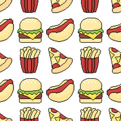 fast food with pixel theme seamless pattern with outline on white background