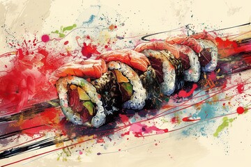 An editorial illustration of a mouth-watering sushi lamb dish, presented with artistic flair and appetizing detail