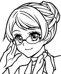 Coloring book illustration of a woman in a suit with glasses (face up)