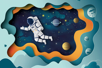 papercut style of astronaut flying in the universe planet vector graphic