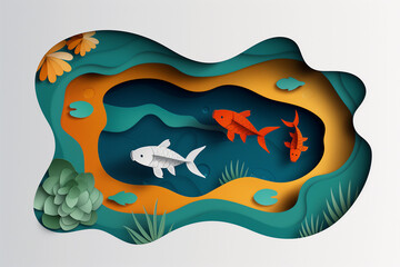 papercut style of fish in pond