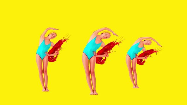 Young girl in blue swimsuit posing with giant red lobster against bright yellow background. Beach cafe. Stop motion, animation. Concept of summertime, surrealism, abstract creative design, pop art