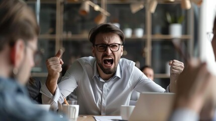 Obraz premium An intense meeting with a team member raising their voice over others, showing signs of anger and dominance