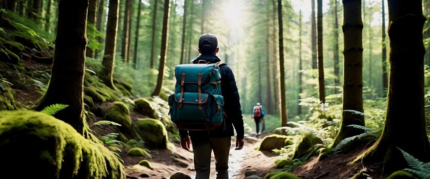 Backpacker with a large suitcase hiking through