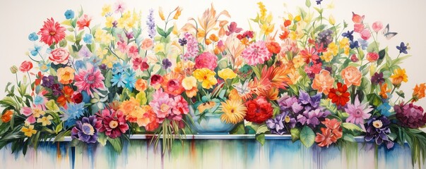 Floral Unity: Surreal LGBTQ Podium Adorned with Colorful Flowers in Symmetrical Watercolor Harmony