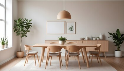 Living room of dining room interior with mock up poster frame, stylish table, rattan chair, wooden kitchen island, plants, kitchen hood and personal accessories. Home decor. Template. 3D Render