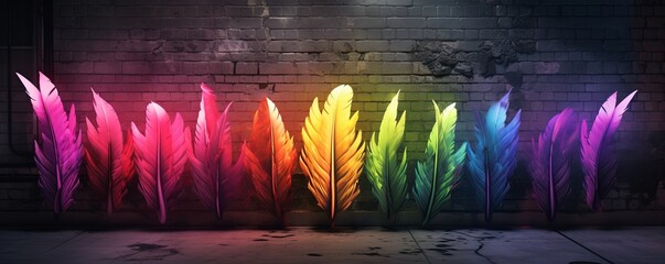 Rainbow Feathers: LGBTQ+  Vibrant Feather Art Installation, A striking art installation featuring colorful feathers illuminated against a dark brick wall. 