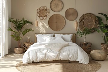 a bed with a bed frame and baskets on the wall