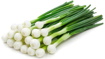 green onions with a minimalist composition, featuring a bunch of verdant stalks elegantly arranged against a pristine white background, highlighting the natural beauty of this versatile ingredient.