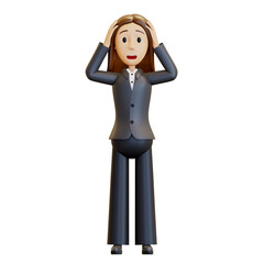 3d woman. The shocked office worker held his head. A businesswoman in a suit is very scared. 3D rendering, illustration in cartoon style, isolated.
