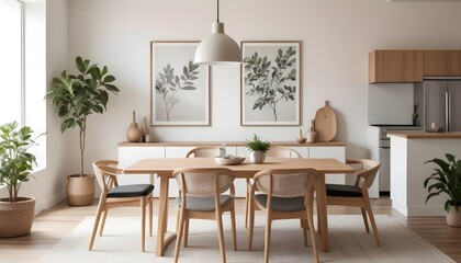 Living room of dining room interior with mock up poster frame, stylish table, rattan chair, wooden kitchen island, plants, kitchen hood and personal accessories. Home decor. Template. 3D Render