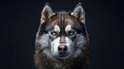 Obraz premium captivating portrait of a majestic husky dog earthy brown tones against a striking black backdrop digital painting