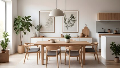Living room of dining room interior with mock up poster frame, stylish table, rattan chair, wooden kitchen island, plants, kitchen hood and personal accessories. Home decor. Template. 3D Render
