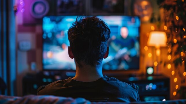 A man is watching television in a dimly lit room