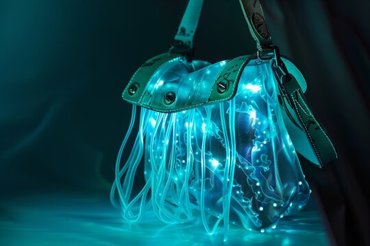 Glowing jellyfish purse: translucent, pulsating leather with dangling bioluminescent tentacles