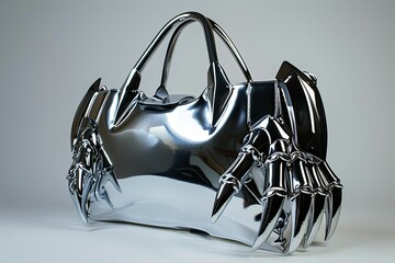 Robot claw tote: a sleek metallic bag with a robotic claw that snaps shut for secure closure.