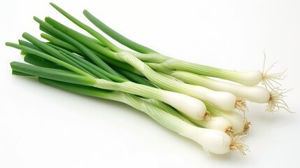 green onions with a minimalist composition, featuring a bunch of verdant stalks elegantly arranged against a pristine white background, highlighting the natural beauty of this versatile ingredient.