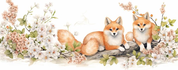 Fototapeta premium Nostalgic Japanese Children's Day Celebration: Symmetrical Pencil Sketch of Koi Fish Banners and Spring Flowers