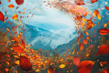 A swirling vortex of vibrant autumn leaves against a backdrop generated by AI