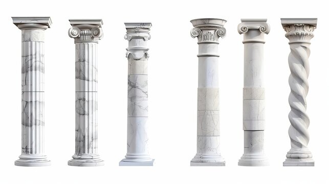 classical white marble columns isolated on white background ancient greek or roman architecture elements cut out 3d rendering