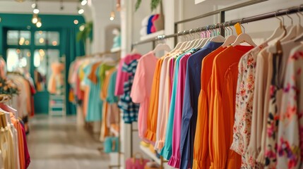 clothing racks in a fashionable boutique store with colorful apparel retail background