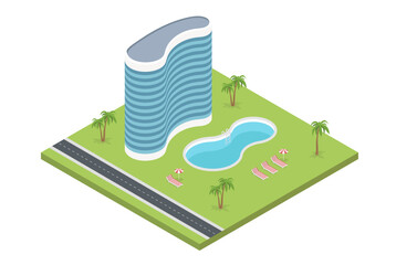 A vector illustration of a holiday resort with apartments and swimming pool. Isometric holiday resort with building, pool and sunbathing.