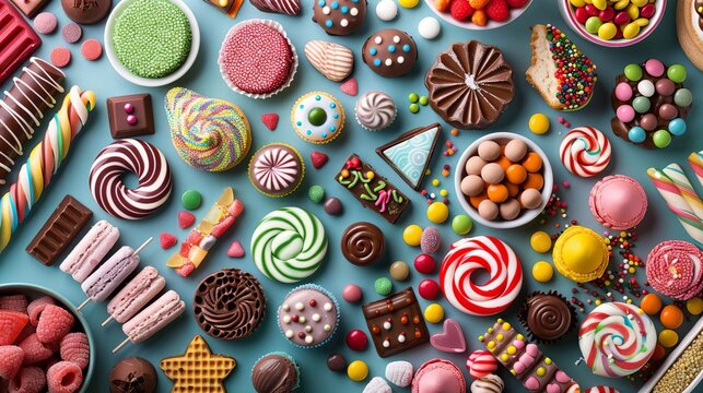 colorful assortment of festive sweets and candies panoramic overhead view confectionery background