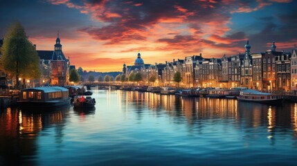 Fototapeta premium The image captures the stunning twilight sky over the picturesque canal houses of Amsterdam with lights reflecting on the water