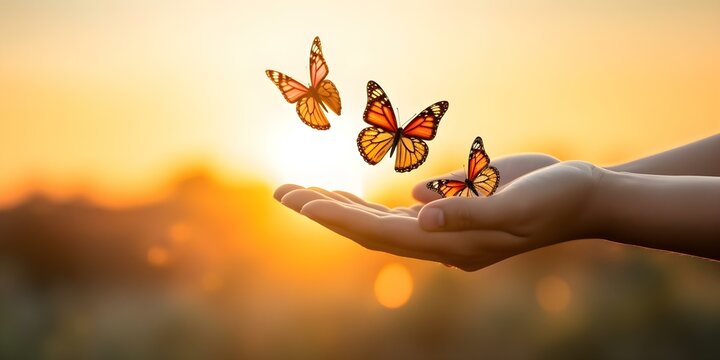 Hands releasing butterflies into sunset symbolize hope freedom and human connection. Concept Symbolic Photography, Butterfly Theme, Sunset Silhouette