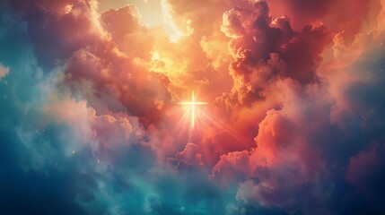 colorful clouds and radiant light with christian cross symbol in center spiritual religious background illustration