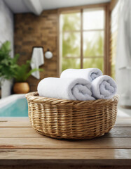 wicker basket with white towels on wooden table in front of modern bathroom
