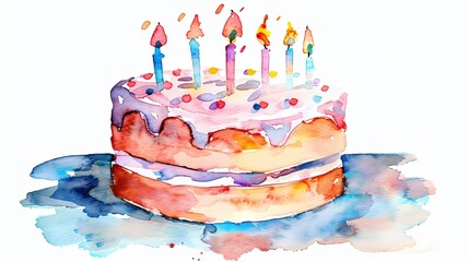 Watercolor painting of a birthday cake with colorful candles, perfect for celebrating special events and parties with a touch of artistic beauty.