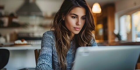 A young woman using a credit card to shop online for a laptop on a table. Concept Technology, Online Shopping, Laptop purchase, Credit Card usage, Young Woman