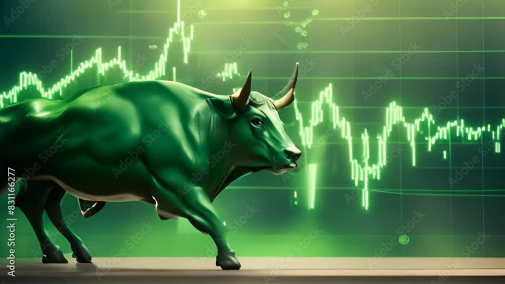 Poster green bull and stock chart confrontation generative ai
