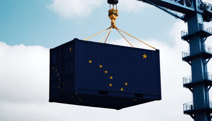 Freight containers with Alaska flag, clouds background