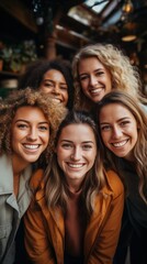 Fototapeta premium A radiant group portrait of diverse young friends sharing a light moment together outdoors