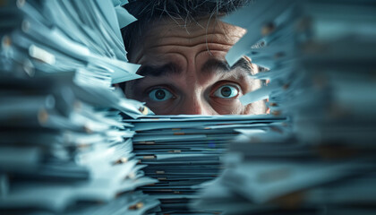 A businessman drowning in paperwork.