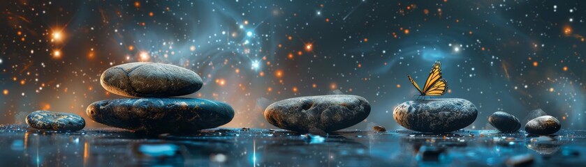 Mystical scene with stacked stones and a butterfly against a cosmic background, evoking a sense of peace and wonder in a surreal setting.