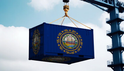 Freight containers with New Hampshire flag, clouds background