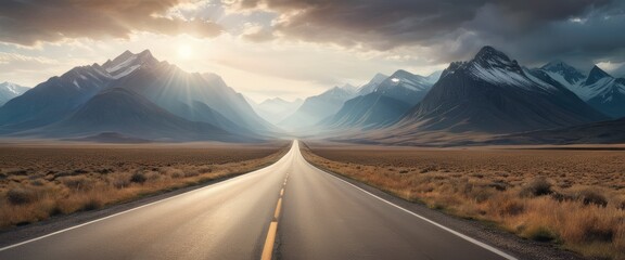 Dramatic view of an open road leading towards towering mountains under a stormy sky at sunset. - Powered by Adobe