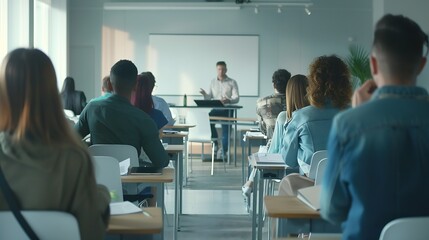 Team of people having class with business trainer Group of male and female employees sitting at desks in modern office and listening to lecture by experienced teacher sharing knowledge : Generative AI