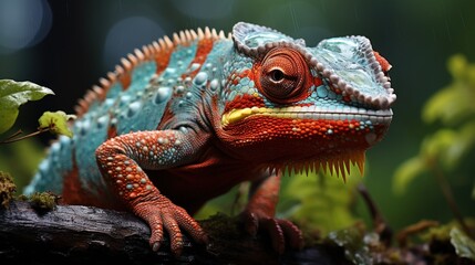 Fototapeta premium High-definition image of a chameleon with striking orange and blue colors on a rain-soaked log