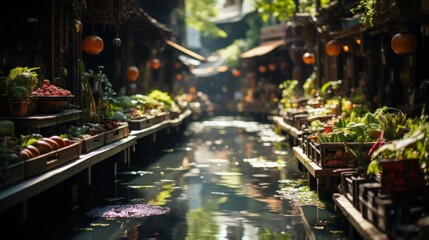 Tranquil scene of a canal flanked by plants and traditional architecture in an urban setting with soft lighting