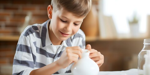 Young boy using a Neti Pot for nasal irrigation to treat a runny nose in a home bathroom. Concept Health and Wellness, Home Remedies, Nasal Irrigation, Child Care, Allergies